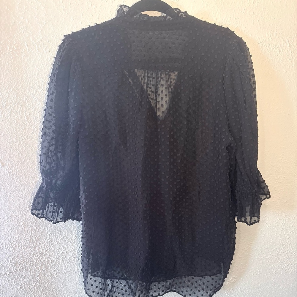 7 For All Mankind Black Polka Dot Sheer Tie Neck Chiffon Boho Blouse Size L - Picture 2 of 6